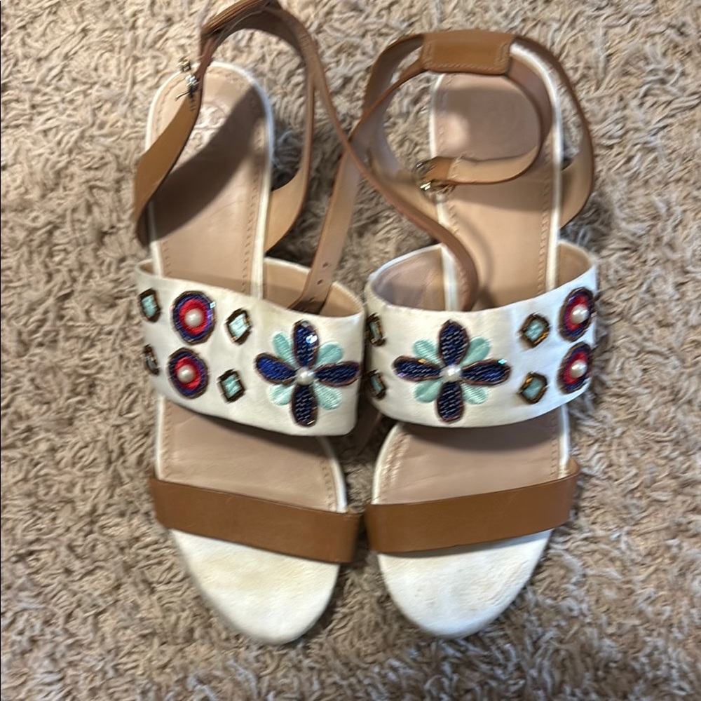 Tory Burch Tan and Cream Sandals with Ankle Straps
